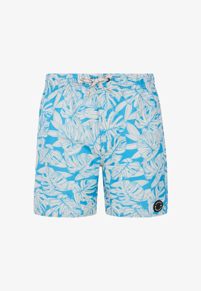 Mėlyni maudymosi šortai su balta tropine lapų raštu, su raišteliu juosmenyje ir apvaliu logotipo ženklu apatinėje kairėje pusėje.