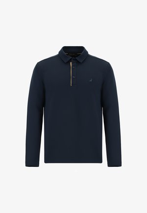 Polo a maniche lunghe in navy scuro con una patta beige a contrasto. Presenta un tessuto testurizzato e un piccolo logo sul lato sinistro del petto.