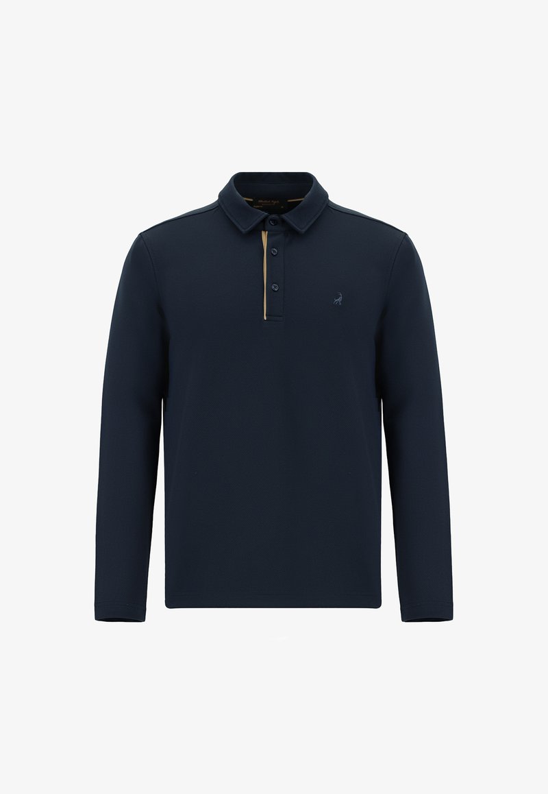 Polo a maniche lunghe in navy scuro con una patta beige a contrasto. Presenta un tessuto testurizzato e un piccolo logo sul lato sinistro del petto.