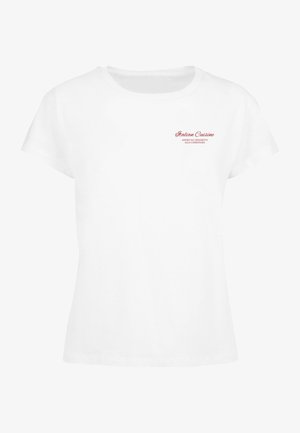 Biała bawełniana koszulka z krótkim rękawem, z czerwonym napisem "Kuchnia Włoska" oraz dodatkowymi mniejszymi napisami poniżej. Okrągły dekolt, luźny krój.