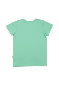 Minzgrünes Baumwoll-T-Shirt mit kurzen Ärmeln, Rundhalsausschnitt und gerader Passform. Mit einem kleinen Markenlabel an der Seite.