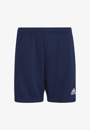Navy blue athletic shorts with an elastic waistband, made of a smooth fabric. Features white Adidas logo on the lower left side.