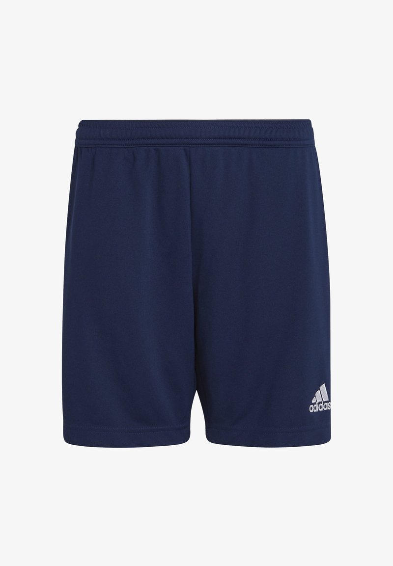 Tumesinine spordishortsid, millel on elastne vöökoht, valmistatud siledast kangast. Alumisel vasakul küljel on valge Adidas'i logo.