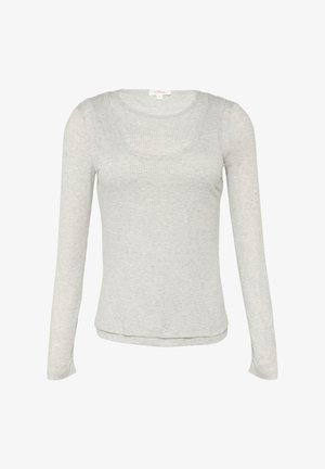 Šviesiai pilka ilgomis rankovėmis marškinėliai, pagaminti iš girgždžiančios medžiagos, su apvaliu iškirpimu ir prigludusia danga. Paprastas ir minimalistiškas stilius.