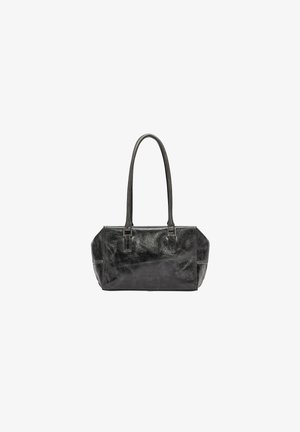Black leather tote bag with a structured shape, smooth texture, and two long handles. Features minimalistic detailing and a glossy finish.
