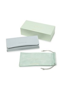 Funda para gafas de cuero gris con solapa, acompañada de una bolsa de seda verde claro con acentos dorados, sobre una caja suave en tono menta.