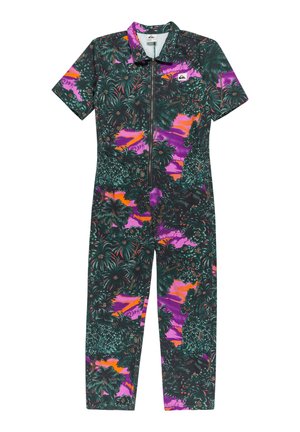 Short-sleeve jumpsuit in black with vibrant tropical print featuring green foliage and pink-orange accents; front zipper closure.