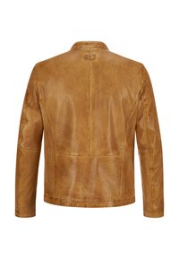 Braune Lederjacke mit glatter Textur, maßgeschneidertem Design und minimalistischer Naht. Mit geradem Rücken und langen Ärmeln geschnitten.