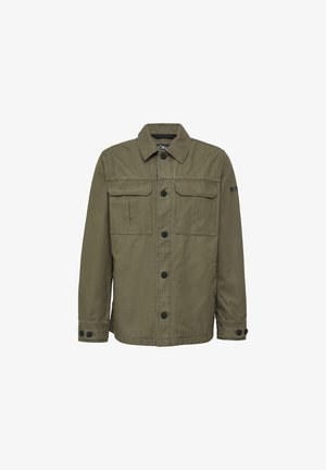 Oliwkowa kurtka wykonana z mieszanki bawełny, z zapięciem na guziki z przodu, dwoma kieszeniami na piersiach i klasycznym stylem kołnierza.
