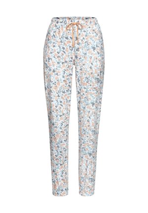 Lightweight jogger pants in a soft fabric, featuring a multicolored speckled pattern of peach, gray, and blue. Elastic waistband with a drawstring.