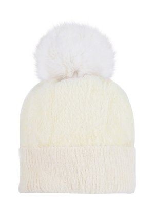 Beanie lavorato a maglia bianco con un morbido e peloso pom-pom sulla parte superiore. Leggermente rigato attorno al bordo inferiore. Aspetto complessivo soffice.