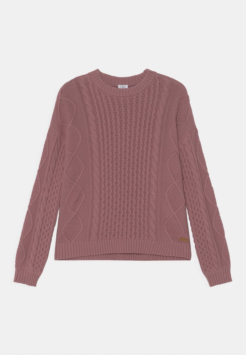 Pull en tricot mauve avec motifs torsadés et losanges, manches longues, poignets côtelés et encolure ronde, posé à plat sur fond blanc.