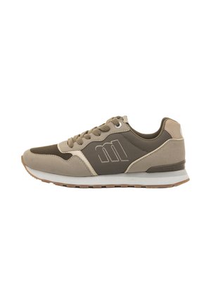 Bruine en beige sport sneakers gemaakt van mesh en suede materialen, met een textuur ontwerp, vetersluiting en een gumrubberen zool.