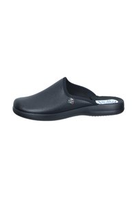 Sorte formede træsko med en glat, struktureret overflade, en rund tå og en polstret krave. Har en fleksibel gummisål for komfort.