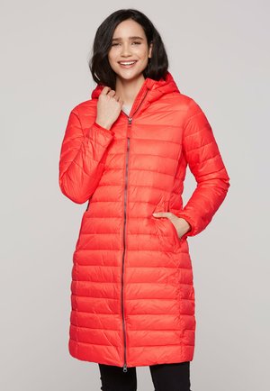 Red puffer coat with a hood, featuring horizontal quilted patterns, zip closure, and side pockets. Smooth texture and above-knee length.