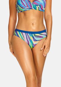 Kolorowy dwuczęściowy strój kąpielowy z wielokolorowym paskowanym wzorem w odcieniach niebieskiego, zielonego, różowego i fioletowego. Miękka tkanina, wygodne dopasowanie.