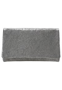 Borsa a mano metallica argentea con superficie texture, forma rettangolare e design a pieghe. Gli accenti presentano una finitura increspata.