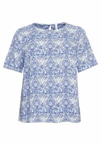 Blau-weiße Bluse mit kurzen Ärmeln, die ein aufwändiges Paisley-Muster zeigt, aus leichtem Stoff besteht, einen runden Halsausschnitt hat und seitliche Schlitze am Saum aufweist.