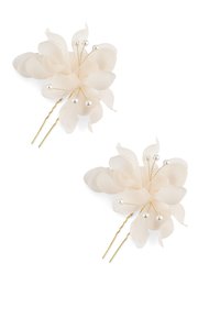 Set di due forcine per capelli con delicate accentuazioni floreali in crema trasparente, arricchite da piccole perle e steli in filo dorato.