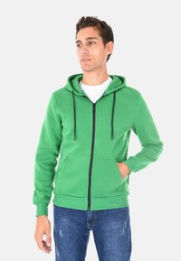 Felpa verde con zip, tasca frontale, due lacci neri e polsini a costine. Indossata sopra una maglietta bianca e abbinata a jeans blu.