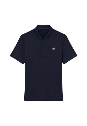 Marineblaues kurzärmeliges Poloshirt mit drei Knöpfen und einem kleinen grünen Krokodil-Logo auf der linken Brust.