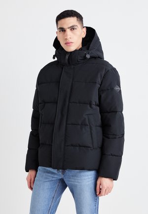 Black puffer jacket with a zip front, hood, and side pockets. Features quilted design with a smooth texture and no visible patterns.