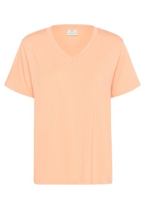 T-shirt à manches courtes en V en couleur pêche clair, fabriqué en tissu doux, avec une coupe décontractée et des détails de couture minimalistes.