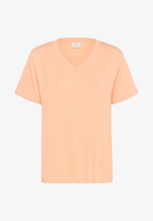 T-shirt a maniche corte con scollatura a V in un colore pesca chiaro, realizzato in tessuto morbido, con una vestibilità rilassata e dettagli di cucitura minimi.