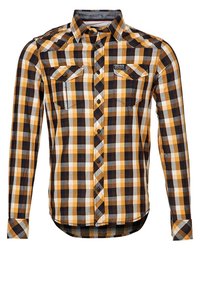 Herrskjorta med längst ärm och knäppning framtill, i ett rutmönster med gult, svart, vitt och grått, samt två fickor med flik på bröstet.