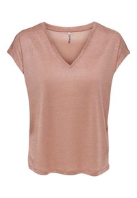 Blusa de color rosa dorado con cuello en V y mangas cortas, hecha de una tela texturizada que refleja la luz, con un corte relajado y un dobladillo liso.