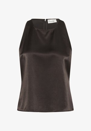 Ärmelloses satins top in Dunkelbraun mit rundem Ausschnitt und Reißverschluss im Rücken, das Etikett trägt die Aufschrift "My Essential Wardrobe" im oberen Innenbereich.