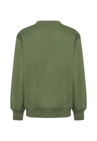 Enkelt olivengrønt crewneck-sweatshirt med lange ærmer og ribstrikkede manchetter og kant, vist bagfra.