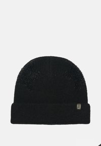 Beanie nera realizzata in morbida lana, con un risvolto piegato e dettagli testurizzati sui lati, e un piccolo etichetta del marchio sul davanti.