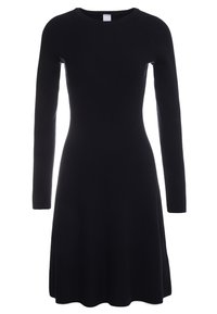 Robe noire à manches longues côtelées avec un corsage ajusté et une jupe évasée. Présente un col rond et une texture lisse. Aucun motif ou accent visible.