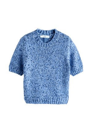 Light blue knitted short-sleeve sweater with a round neckline. Features a textured design with a loose fit and ribbed hem.
