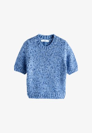 Maglione a maniche corte di colore blu chiaro, lavorato a maglia, con scollatura rotonda. Presenta un design testurizzato, una vestibilità ampia e un bordo a coste.