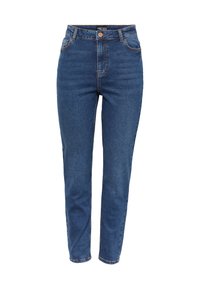 Høytlivede blå denim jeans med rett ben-design, fem lommer og frontlukking med knapp, med kontraststing.