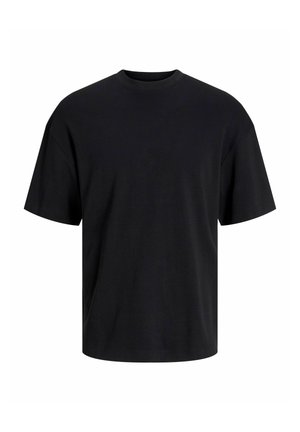 Černé jednoduché tričko s krátkým rukávem a kulatým výstřihem, volnější střih, hladká látka, zobrazené na bílém pozadí.