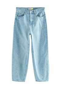 Ljusblå denimbyxor med vida ben och hög midja, fyra fickor och subtila blekningar för en avkopplad passform. Har en sömdetalj som är sydd.