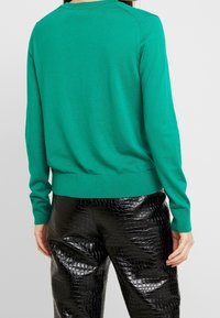 Grön stickad tröja med rund hals och långa ärmar, ribbad nederkant, som matchas med glänsande svarta imitationläderbyxor med ett krokodilsmönster.