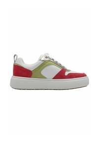 Sneaker with a white leather upper, red suede accents, and green textile sections. Features a thick white sole and metallic gold laces.