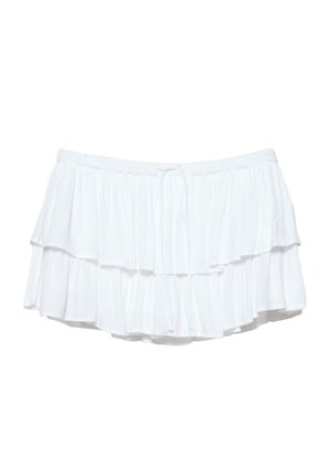 Biela viacvrstvová minisukňa s elastickým pásom a šnúrkou, vyrobená z ľahkej, priedušnej látky s vrstvenými volánmi.