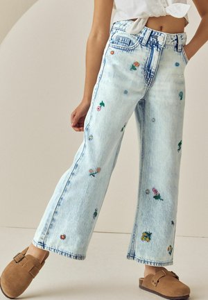 Next, FLORAL EMBROIDERED WIDE LEG - Zvonové džínsy - mid blue