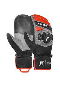 Zwarte en grijze wanten met een leren palm, rode accenten en een gestructureerde stof. Voorzien van een klittenbandsluiting en een geventileerd ontwerp voor ademend vermogen.