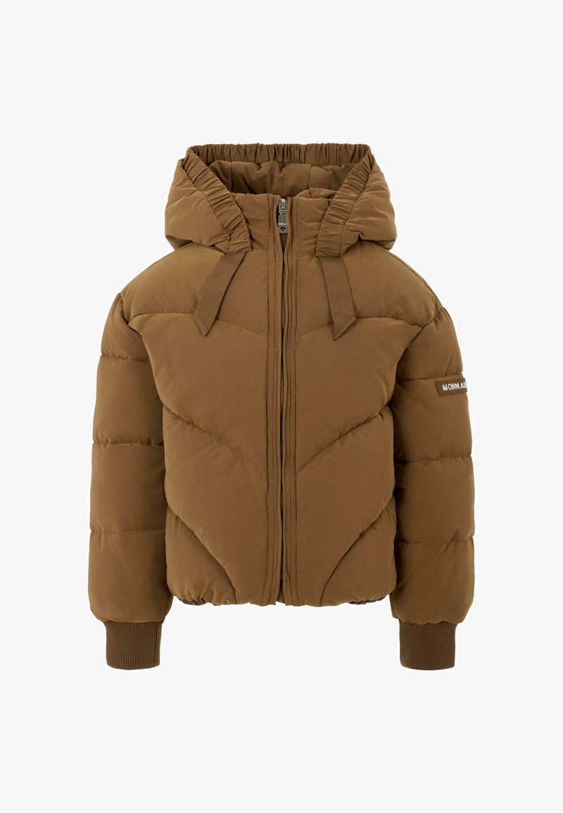 Braune Daunenjacke mit Kapuze, Reißverschluss vorne, elastischen Bündchen und diagonalem Steppmuster. Aus weichem, mattem Material.