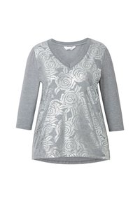 Tunic grigia con scollo a V e maniche a tre quarti, decorata con un motivo di rose argento sul davanti, realizzata in un tessuto morbido e leggero.