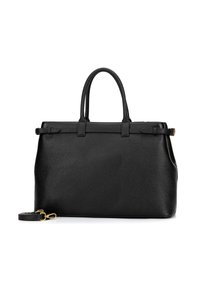 Zwarte leren handtas met een gestructureerd oppervlak, twee stevige handvaten en een afneembare schouderriem. Voorzien van een hardware accent in goudkleur.