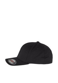 Black baseball cap made of durable fabric with a curved brim, six-panel design, and ventilation holes on the top. Features a logo on the side.