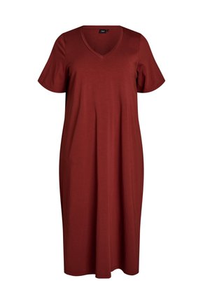 Rustfarvet, kortærmet, knælængde kjole med V-hals og afslappet pasform, vist på en hvid baggrund.