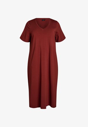 Rūsganā īsroku, līdz ceļiem garā kleita ar V-veida izgriezumu un brīvu piegriezumu, attēlota uz balta fona.